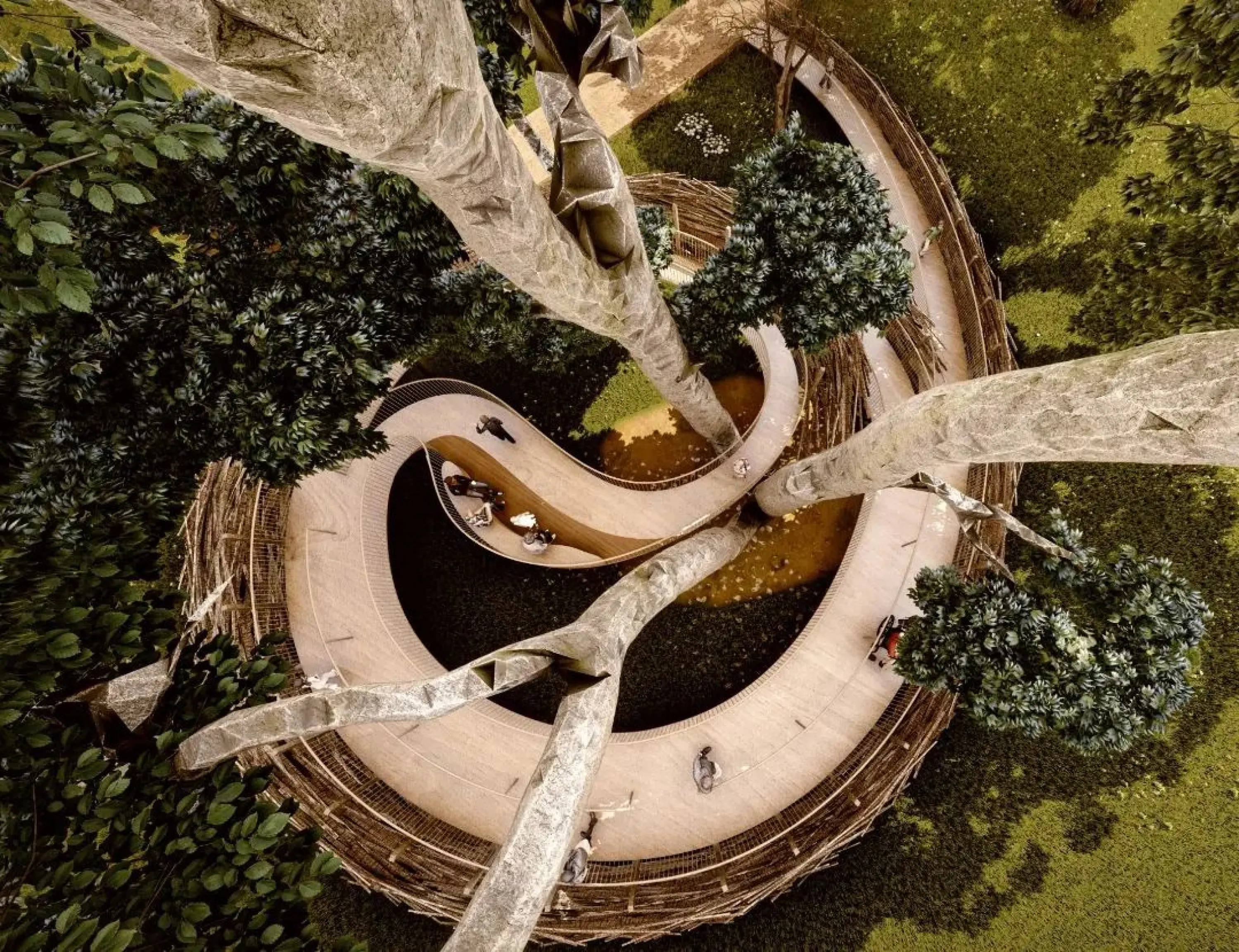 Upside down view of a nest-like walk wrapping around a tree.