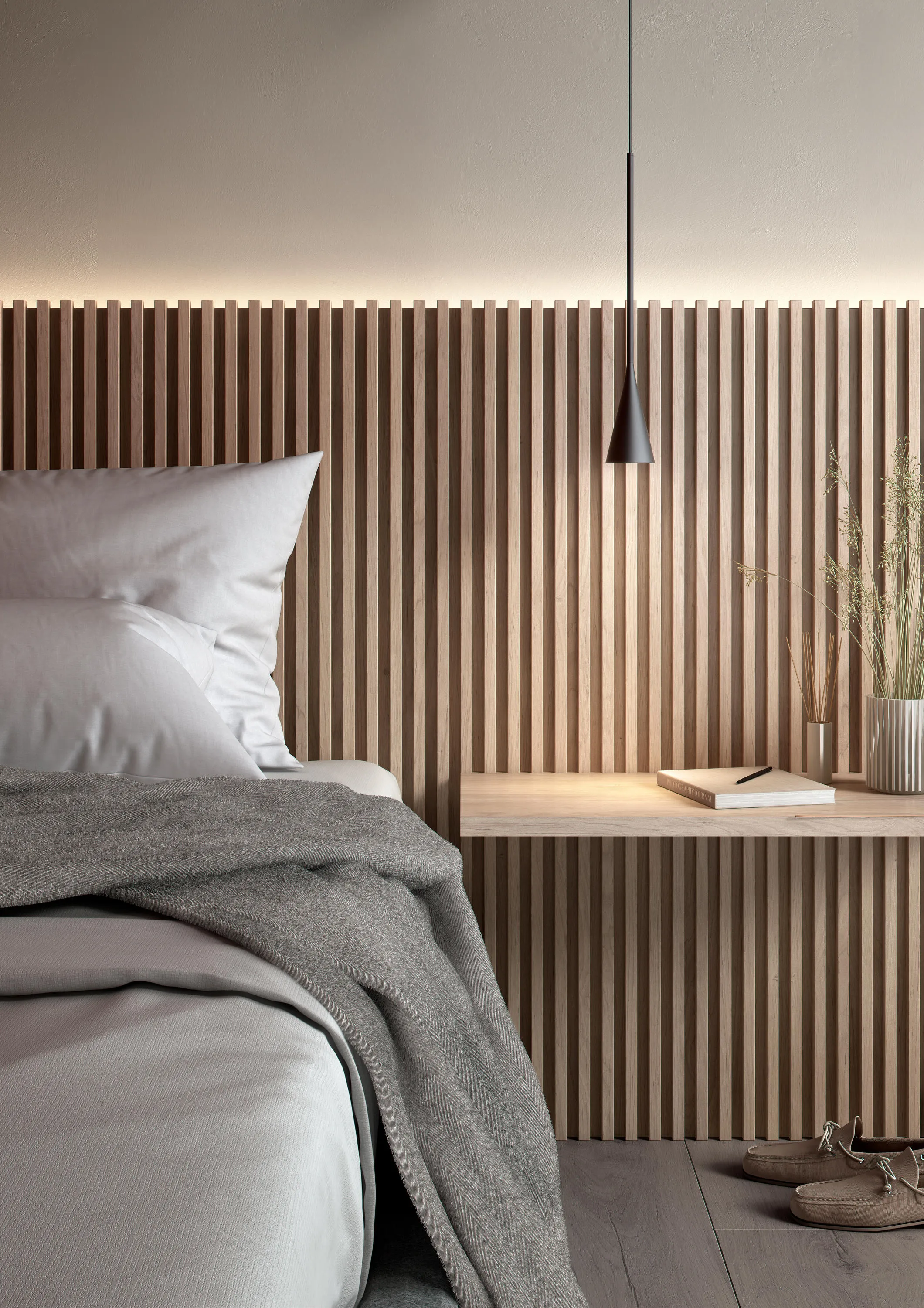 Bedroom with a wooden wall headboard and delicate light.