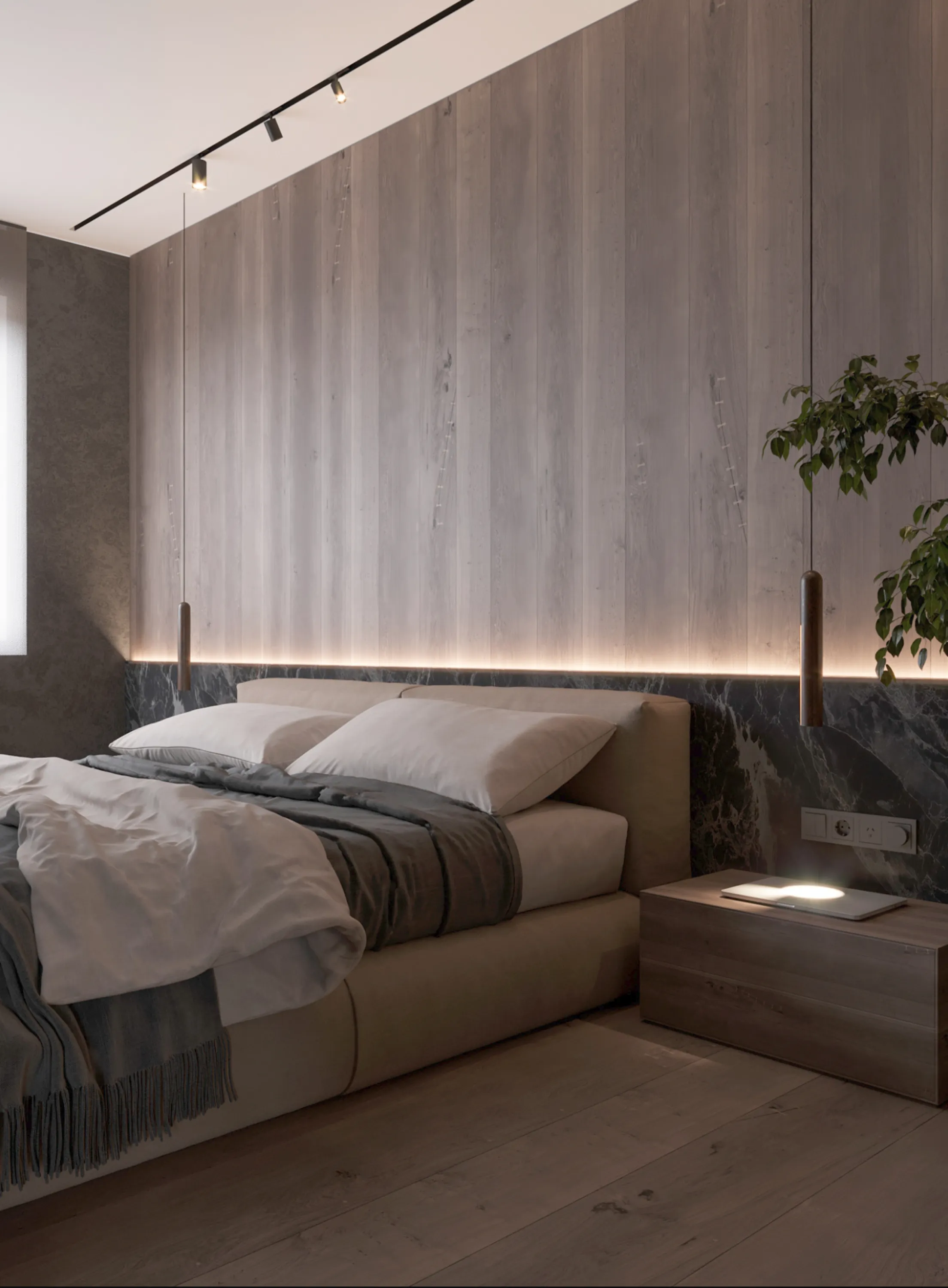 Bedroom with dimmable strip-light behind the bed.