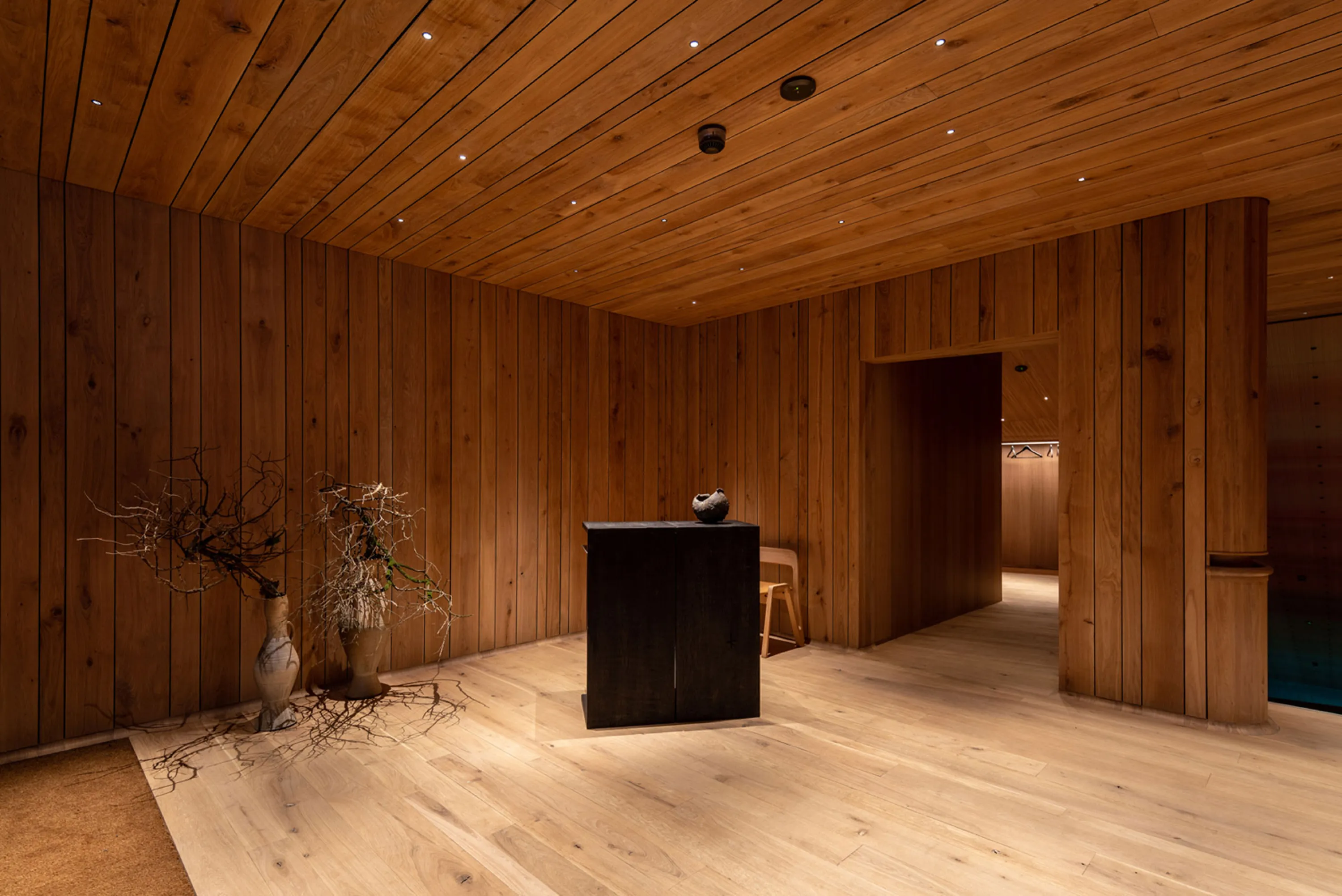 Wood claded reception area.