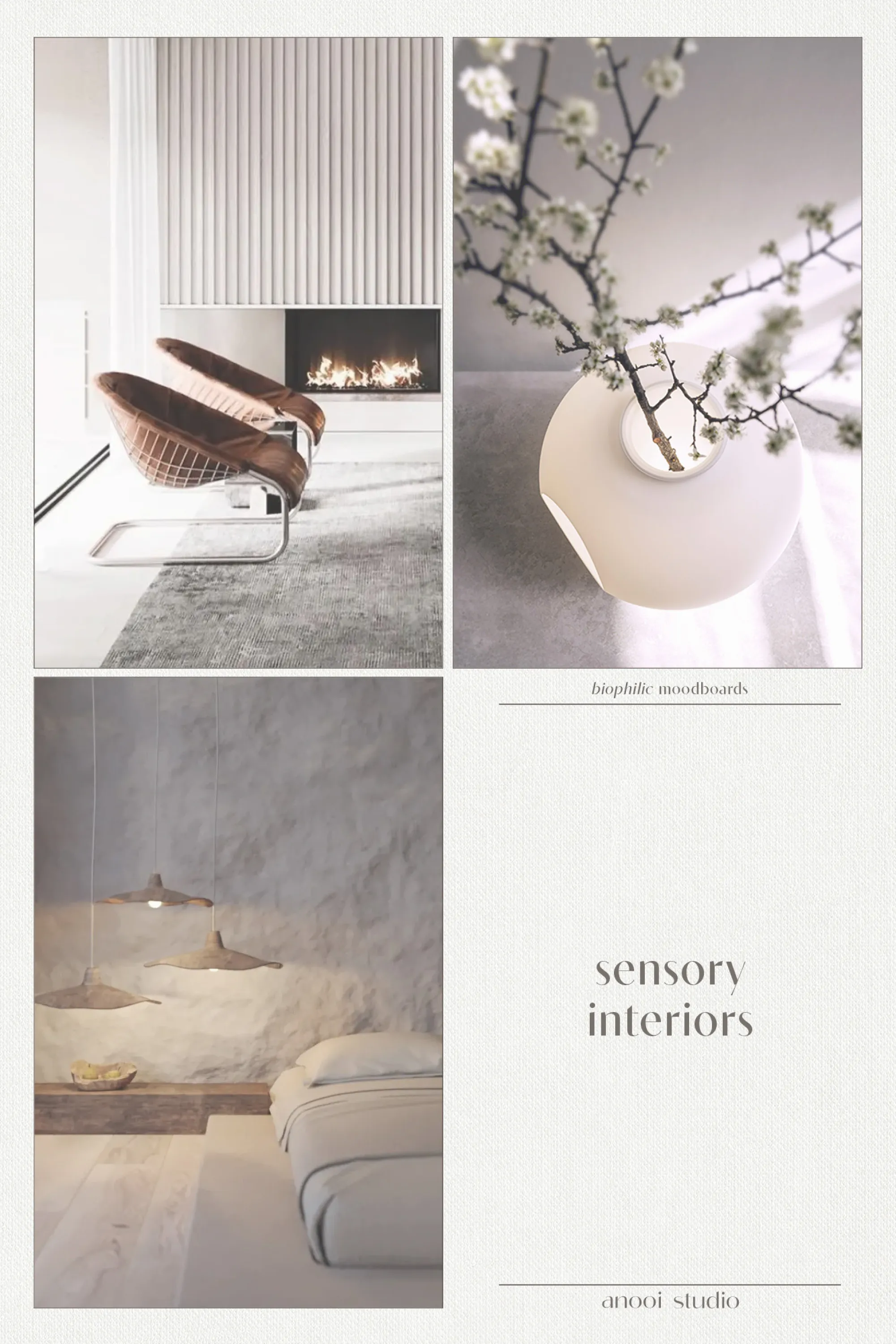 Moodboard depicting non-visual biophilic design features. 1. A living room with a crackling fireplace 2. Fragrant flowers in a vase 3. Bedroom with stone textured back wall.