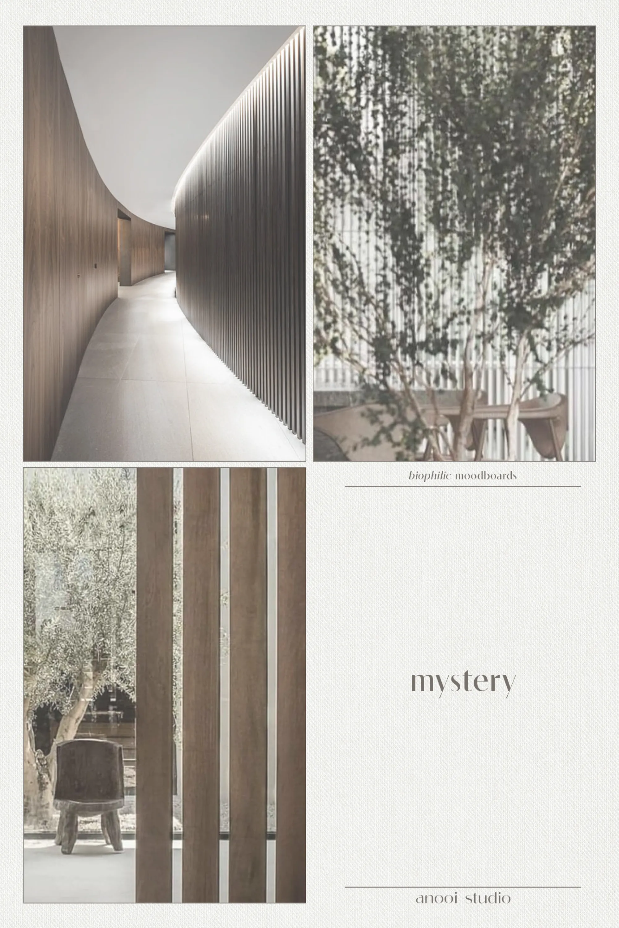 Moodboard showing 3 examples of mystery in biophilic design. 1: A curved corridor. 2: A plant partially hiding the rest of the room behind. 3: A partially see-through wooden partition.