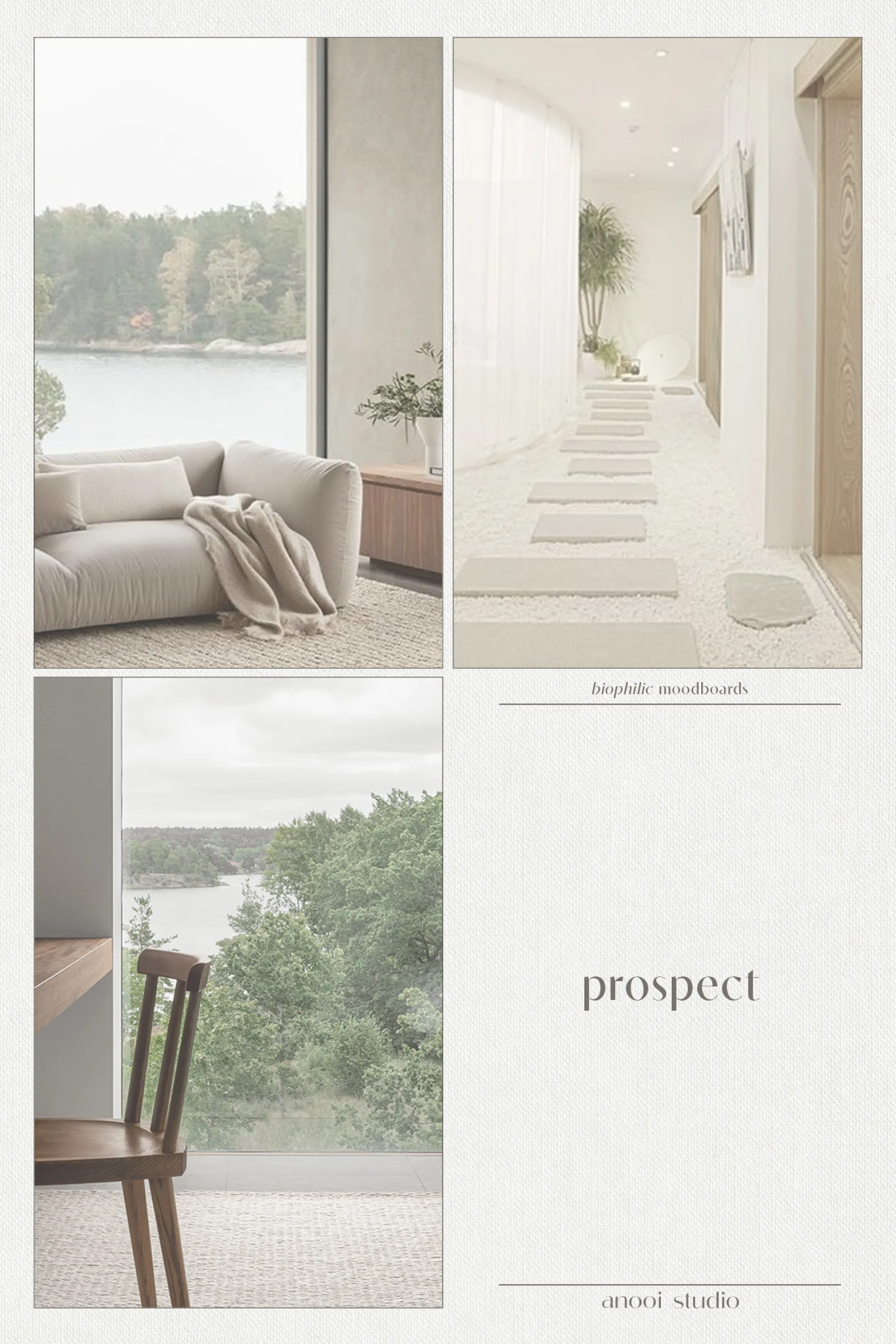 Moodboard showing three examples of prospect. 1. A living room with a deep view onto a lake. 2. A long straight corridor. 3. A wide view of a river.