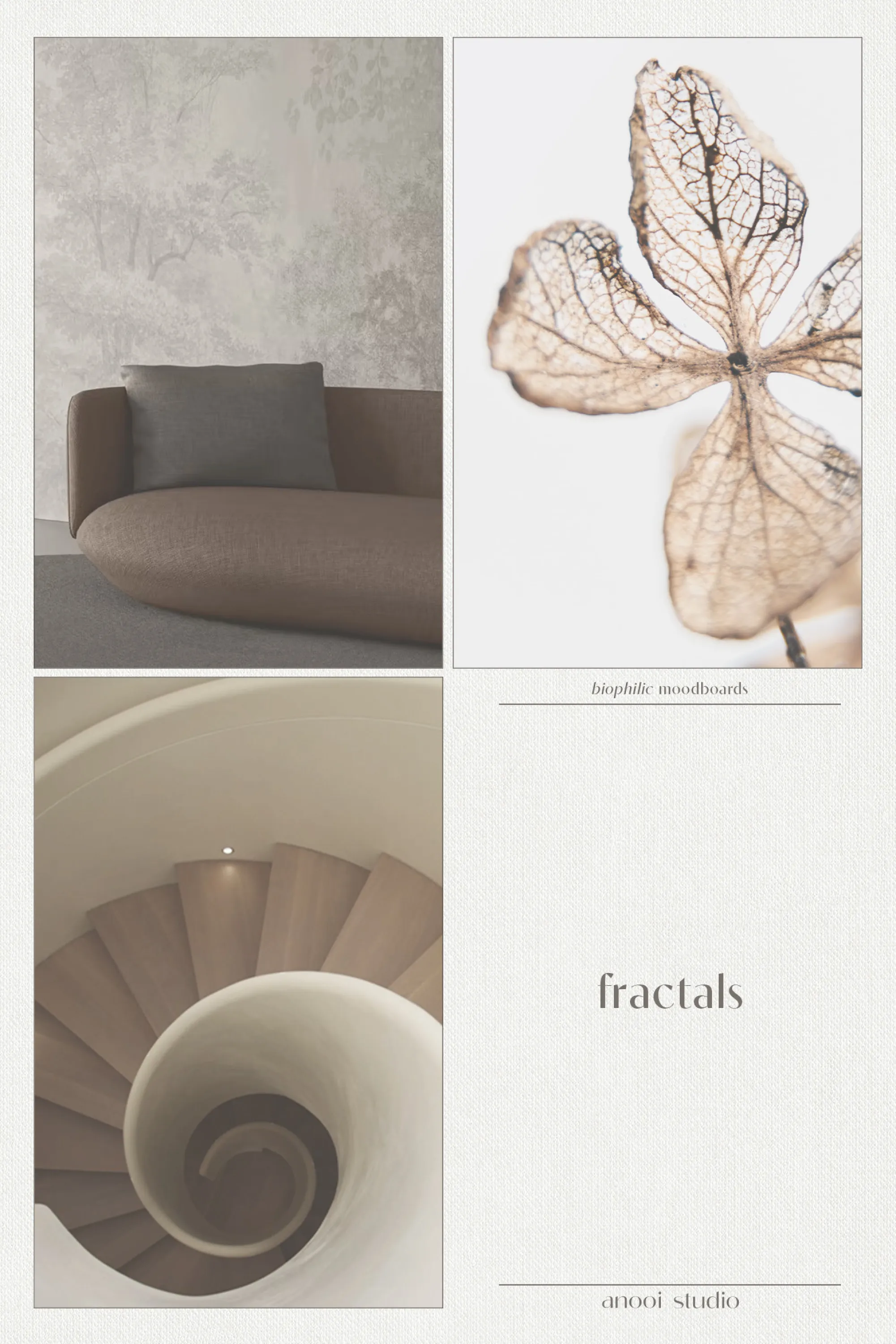 Biophilic design moodboard showing examples of fractals in nature and interiors: 1. A wallpaper representing the fractal pattern of branches. 2. The veining of a leaf. 3. A spiral staircase.