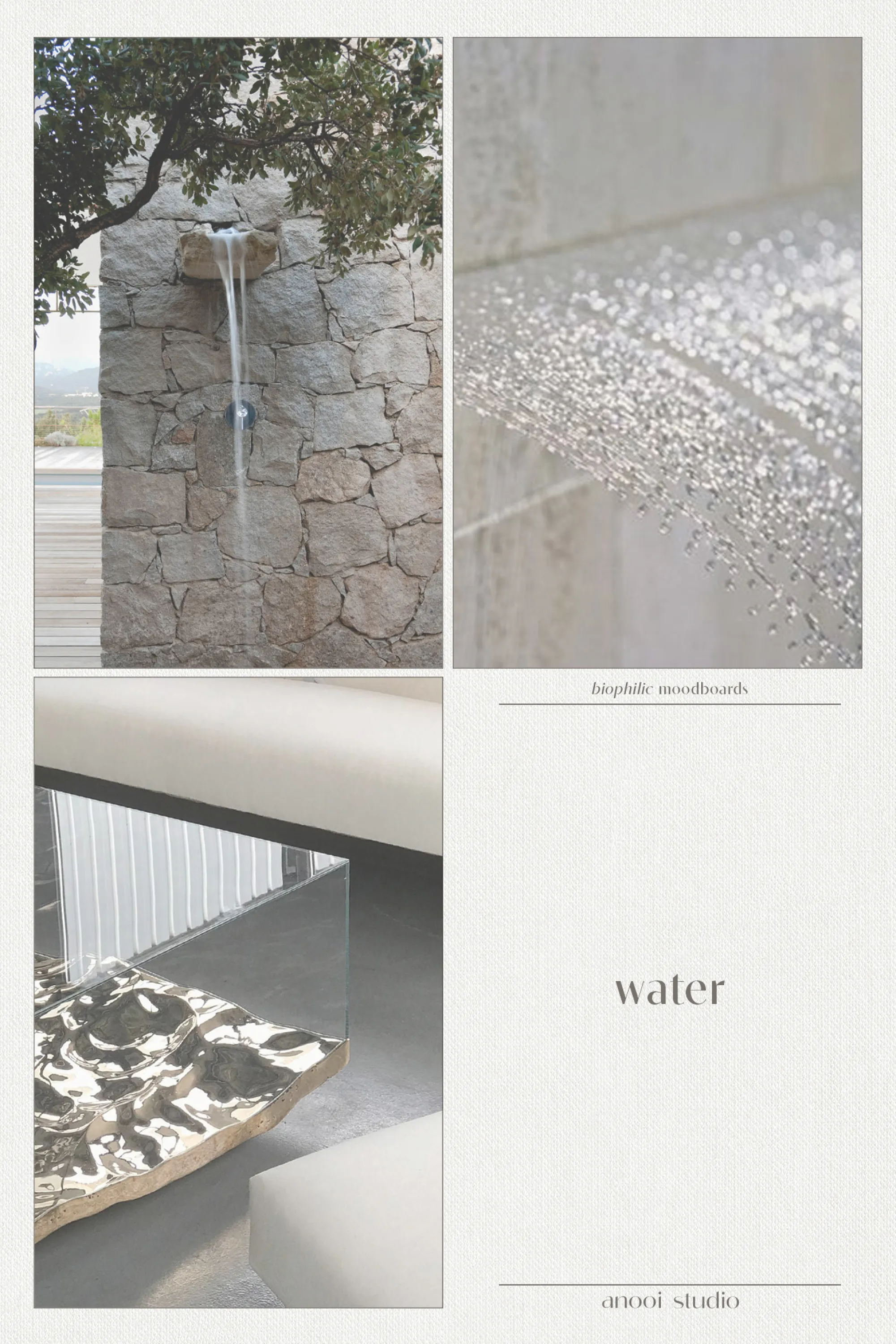 Biophilic design moodboard showing the use of water in a biophilic design: 1. An outdoor rainfall shower. 2. Fountain with thin water jets. 3. A table with a water-like texture.