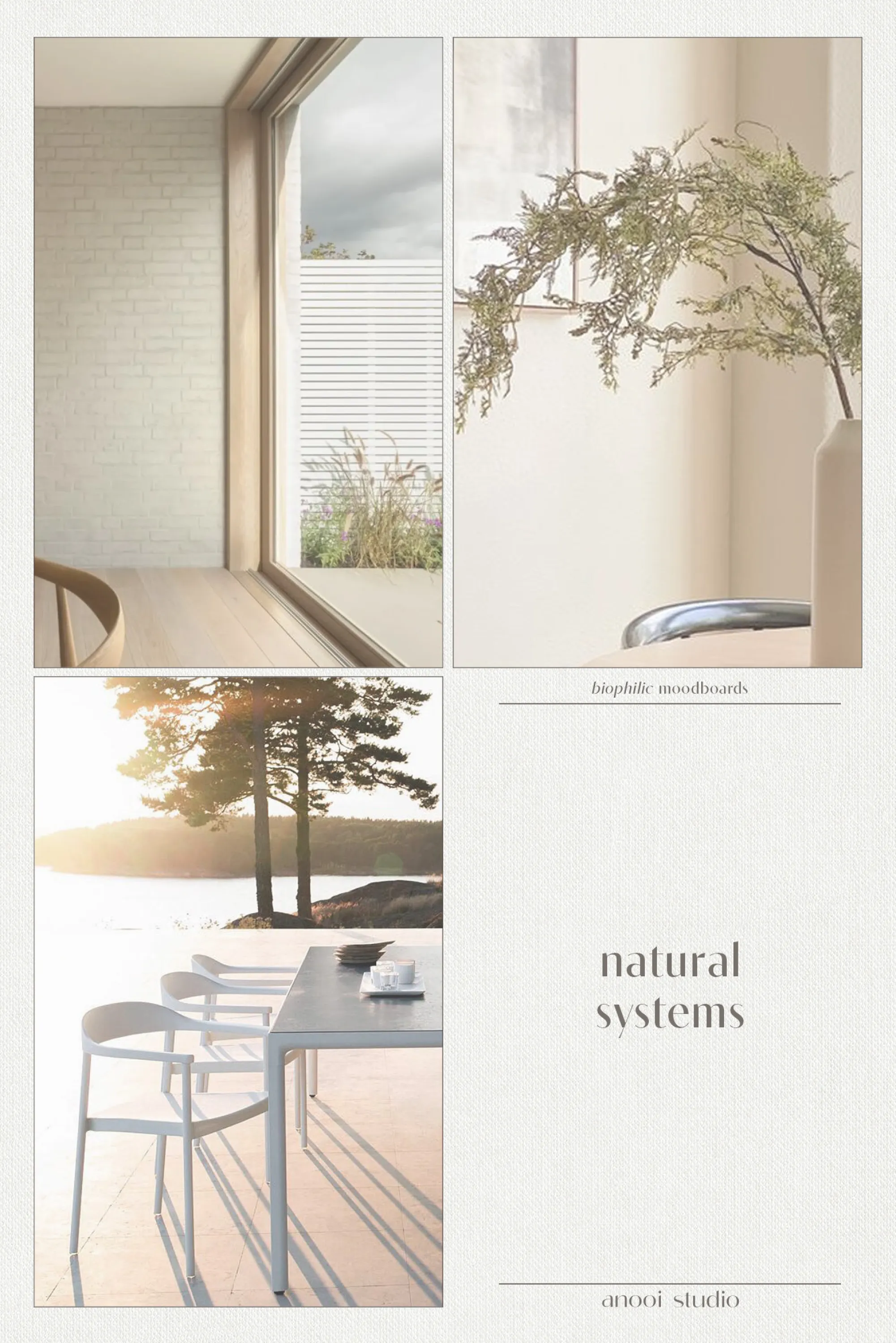 Moodboard depicting natural systems in interiors: 1. A big window to look outdoors. 2. Seasonal greenery. 3. An outdoor space at sunset.