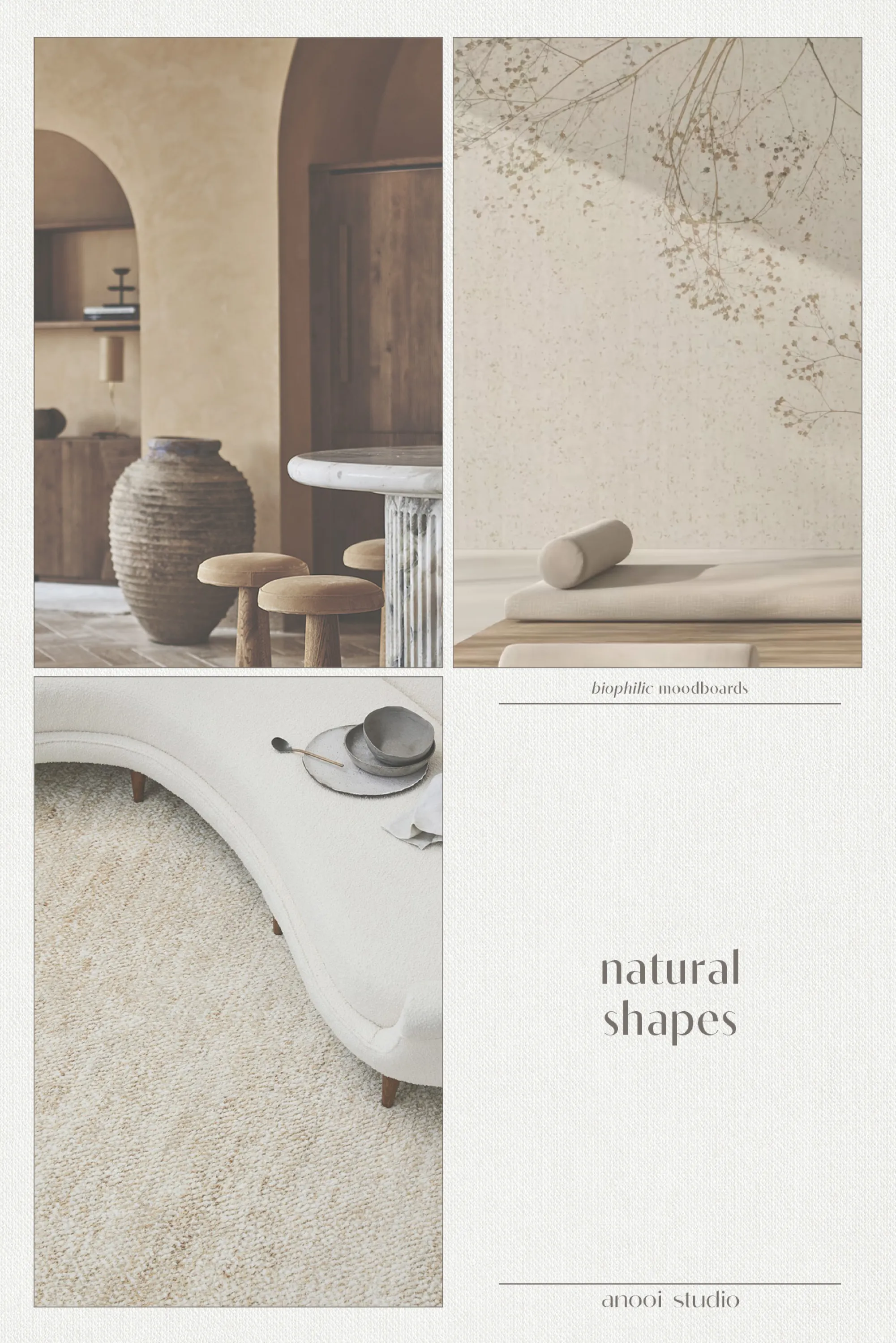 Biophilic design moodboard showing natural shapes in interiors. 1. A space with arches and curved furniture 2. A wallpaper depicting delicate flowers. 3. A curved sofa.