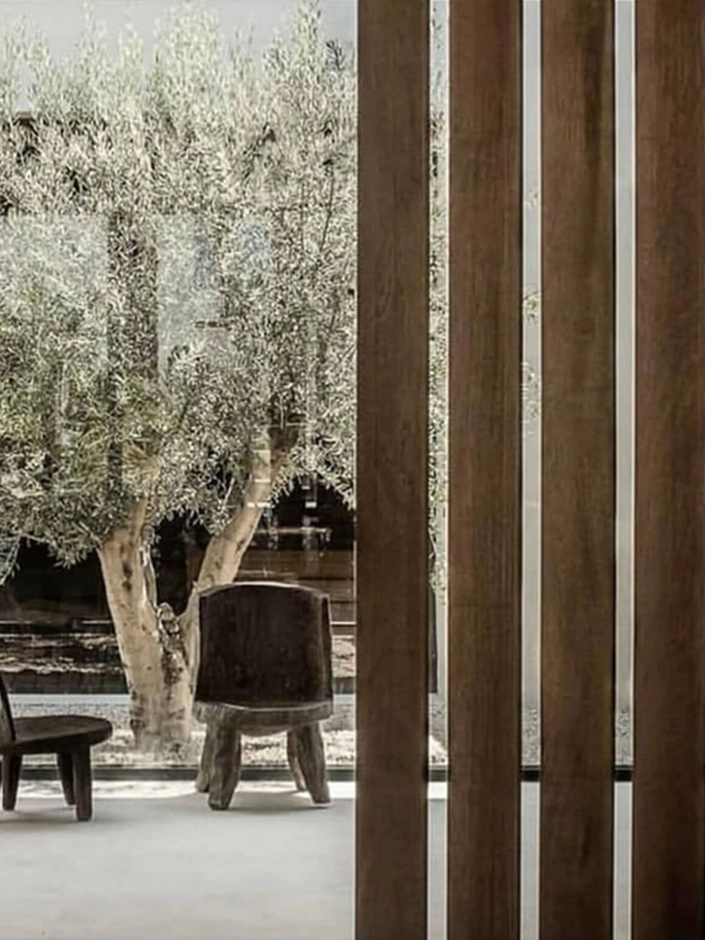 A partially see-through wooden partition.