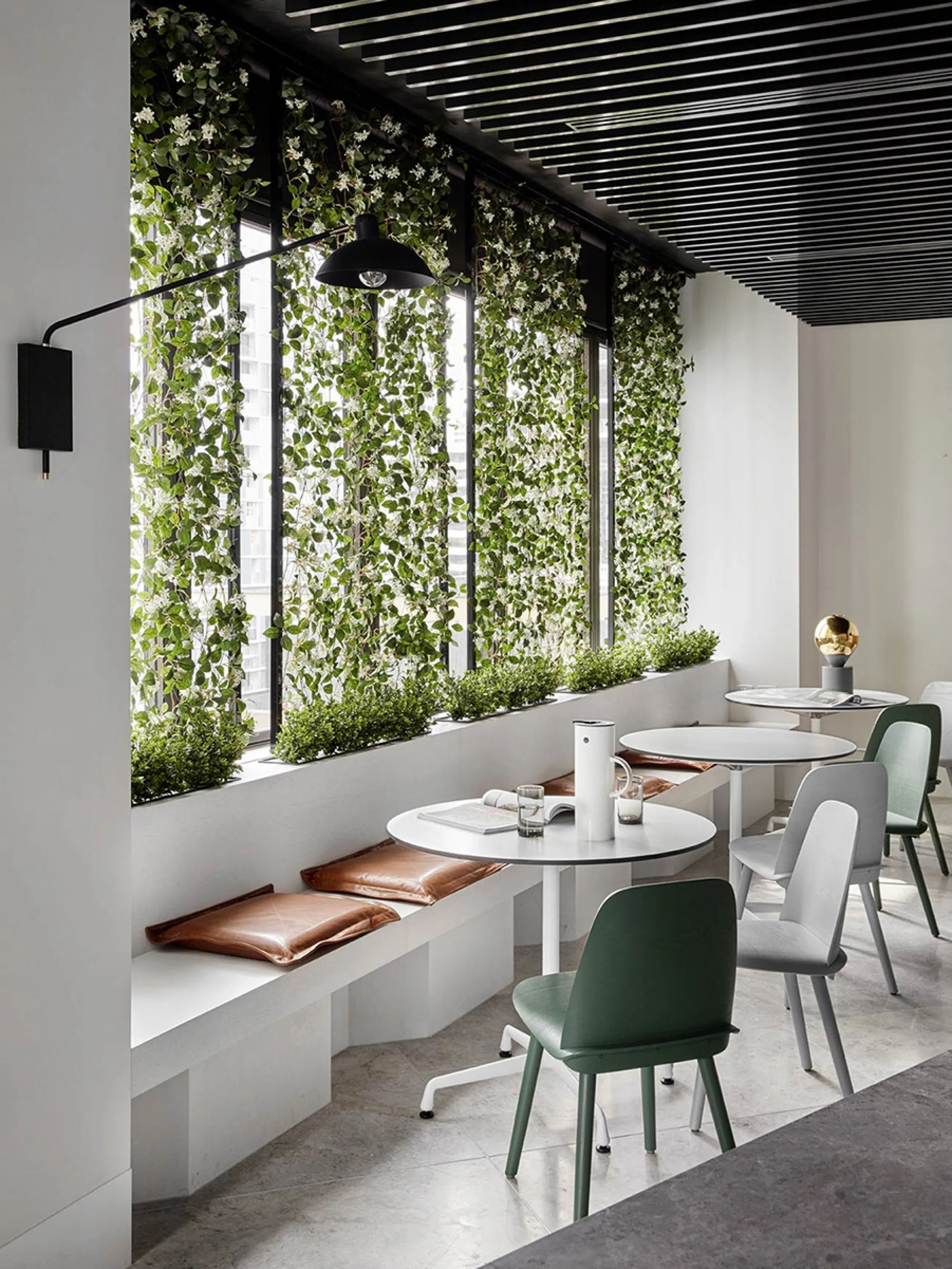 Garden wall design feature in a minimalist dining area.