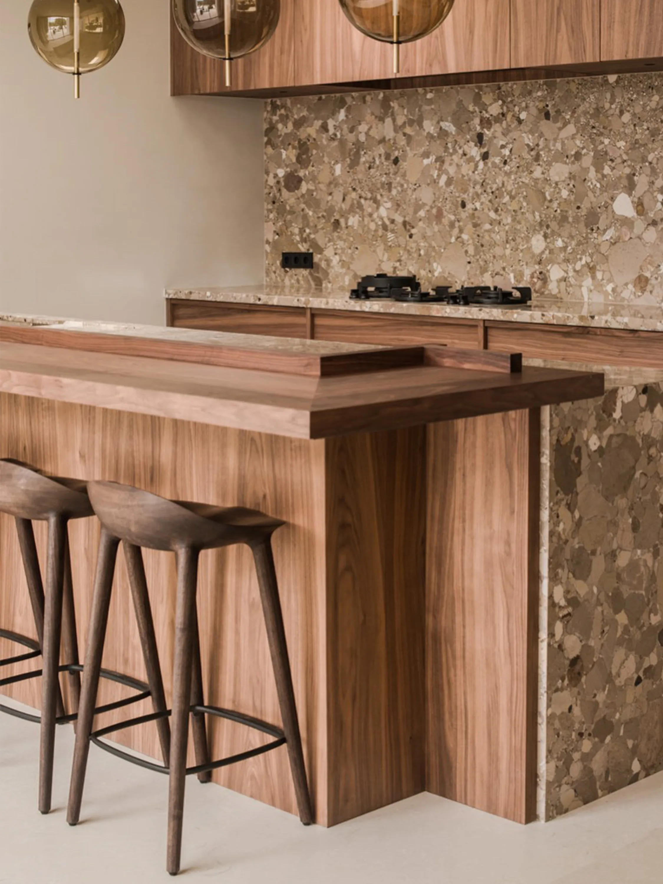 Wood kitchen island with evident grain.