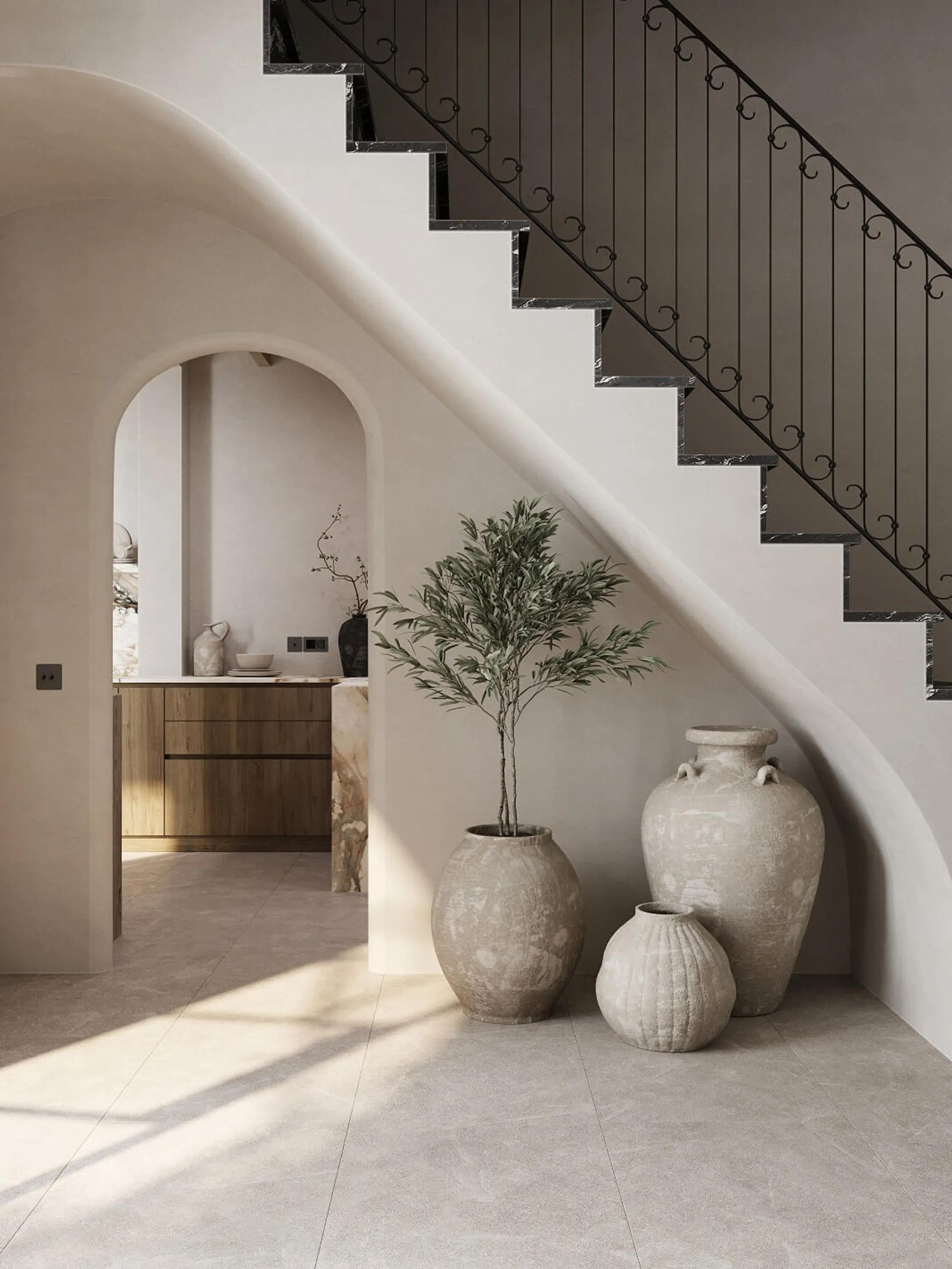 Welcoming entryway corner with textured vases and greenery.