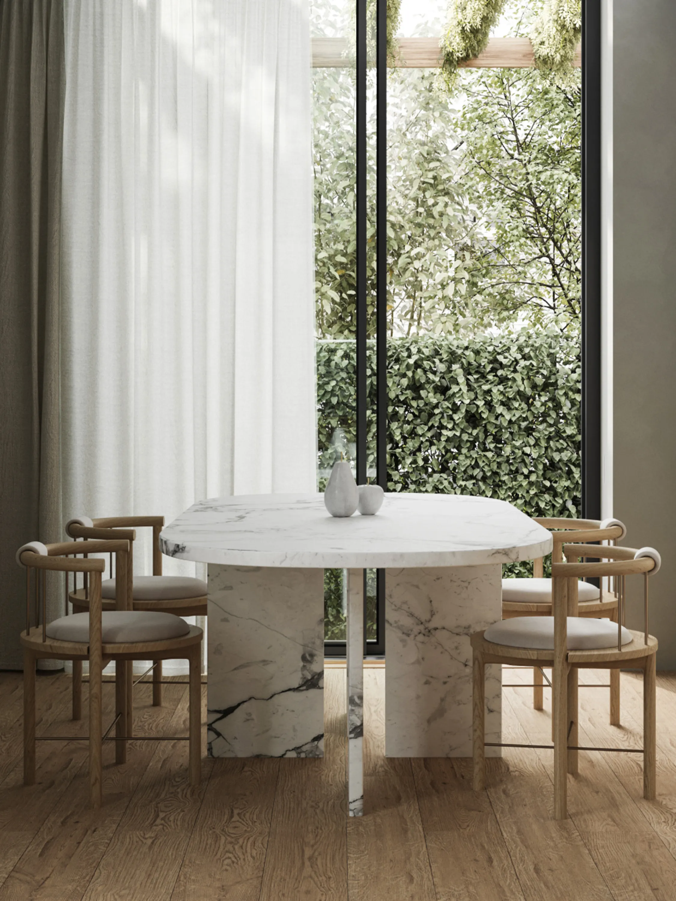 Dining area next to a full-height window that looks into a planted garden.