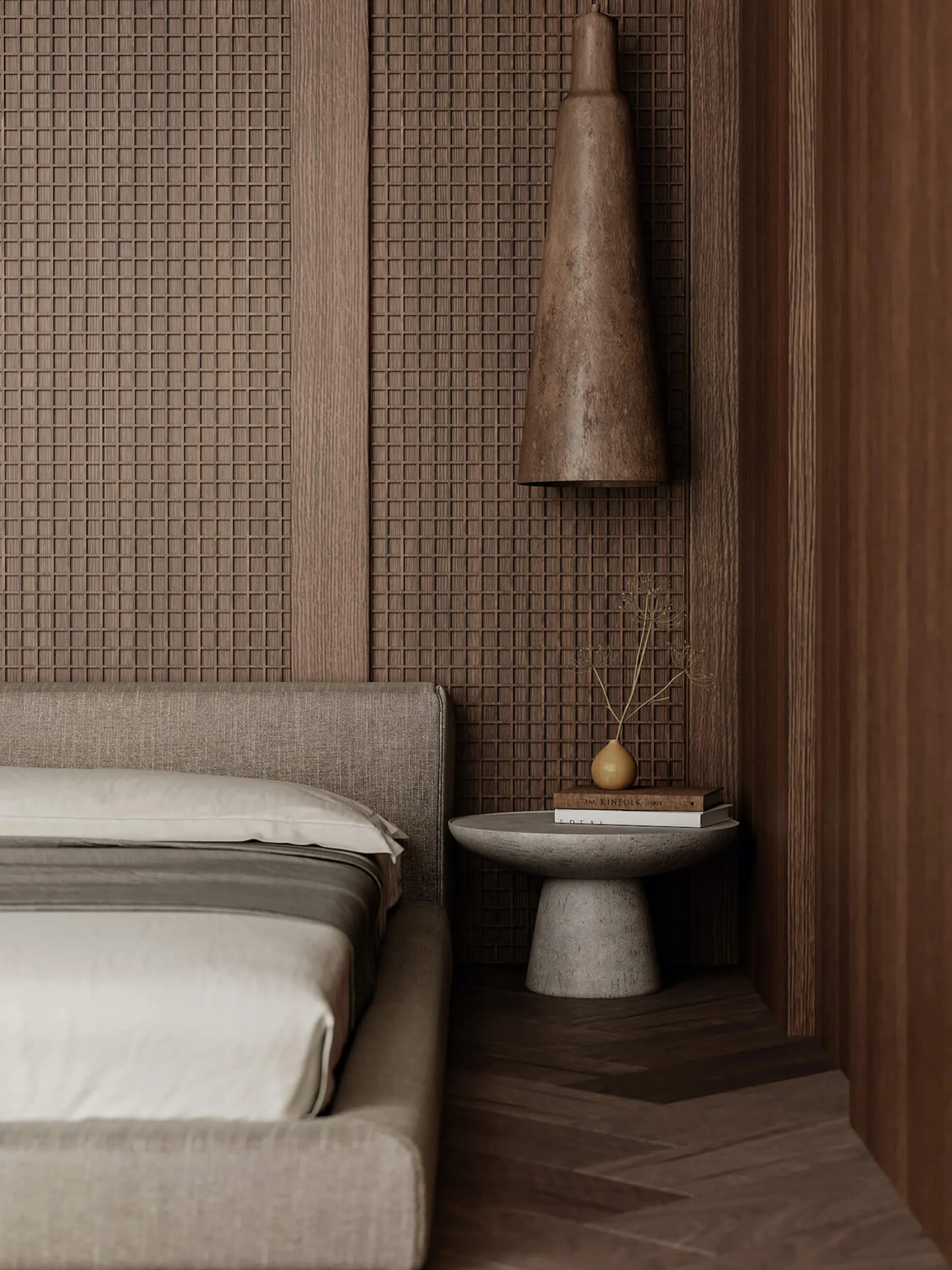 Textured bedroom in deep brown tones.